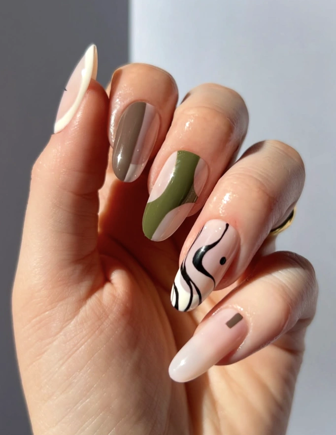 Long Fall Acrylic Nails with Earthy Tones and Abstract Designs