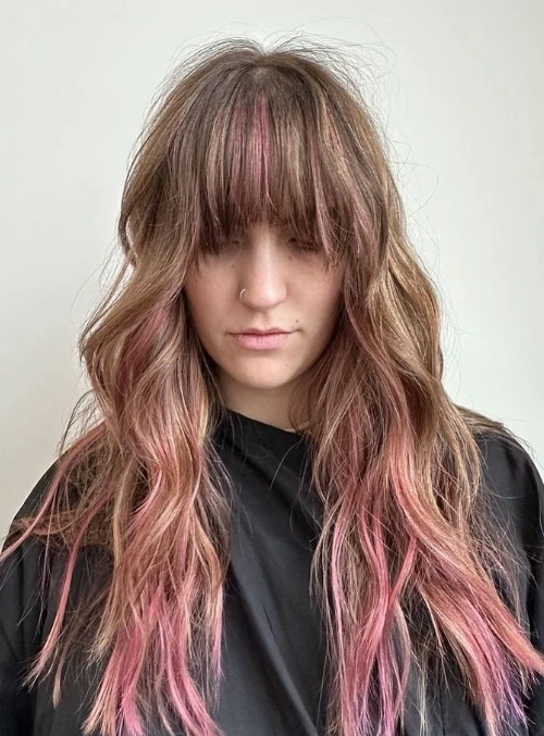 Long Shag Haircut with Rose Gold Blonde Highlights and Fringe