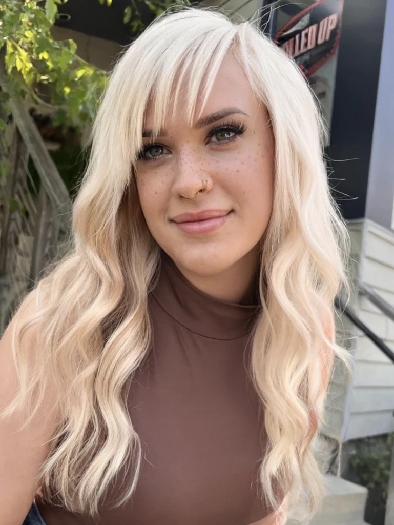 Long Wavy Platinum Blonde Hair with Blunt Bangs