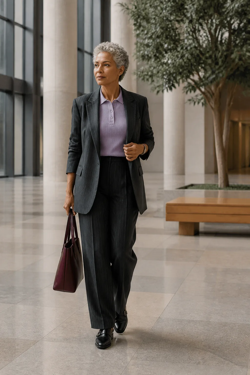 Loose Pinstripe Suit with a Fine-Knit Polo