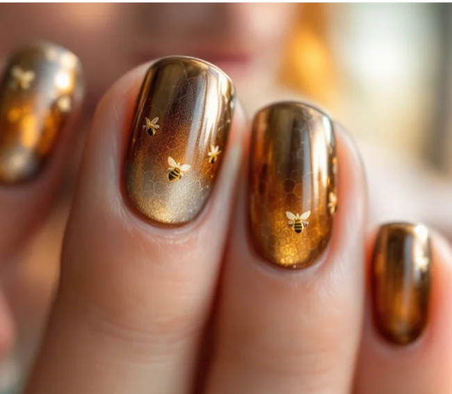 Luxurious Bronze Ombre with Tiny Gold Bee Nails
