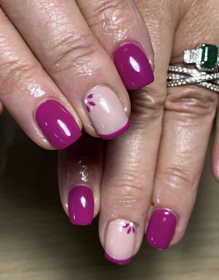 Magenta Square Nails with Pink French and Floral Details
