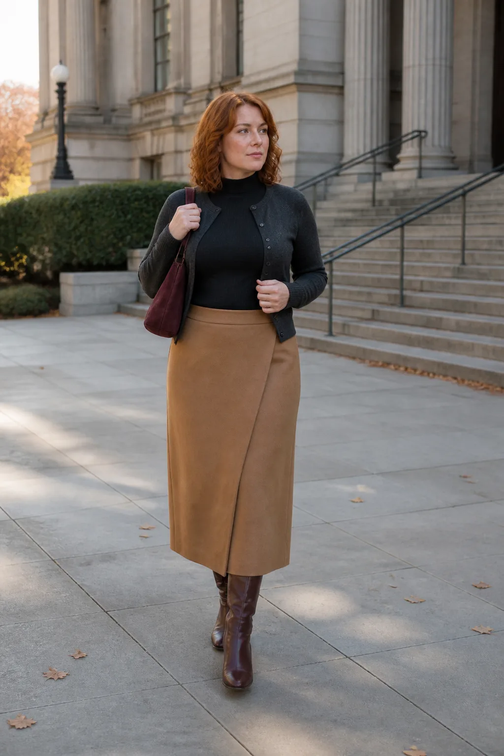 Mahogany Heeled Boots with a Camel Wrap Skirt