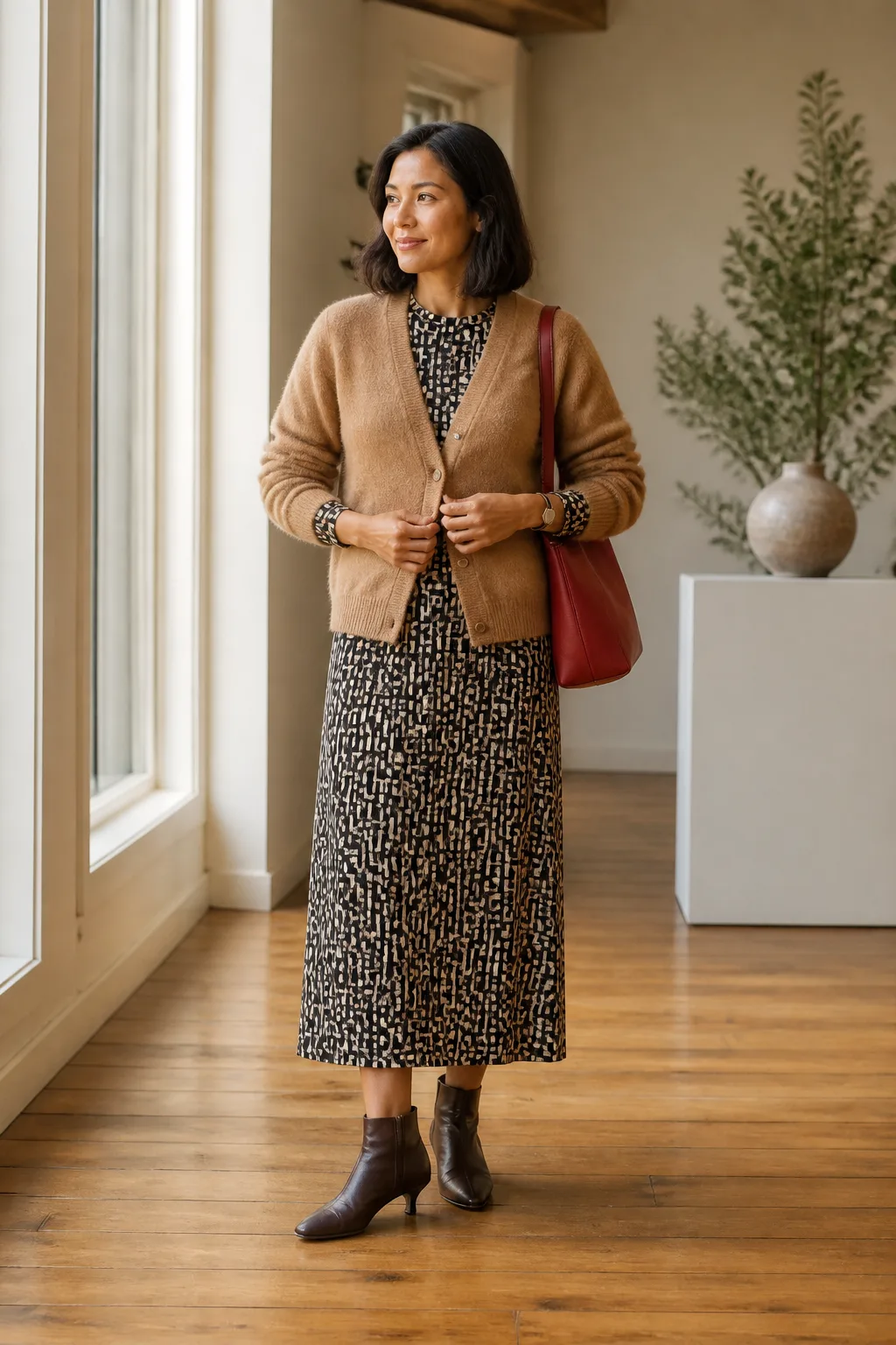 Mahogany Kitten-Heel Boots with a Printed Dress