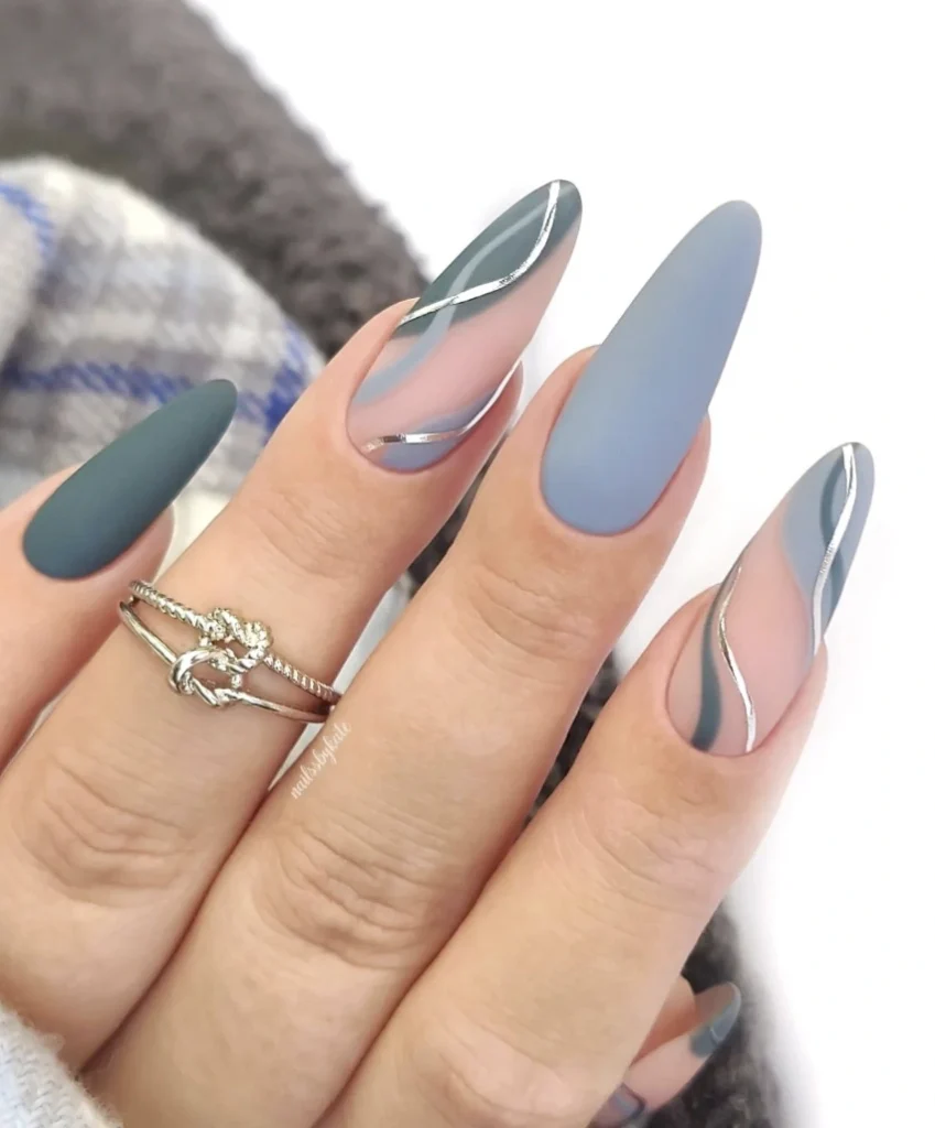 Matte Almond Nails with Abstract Silver Accents