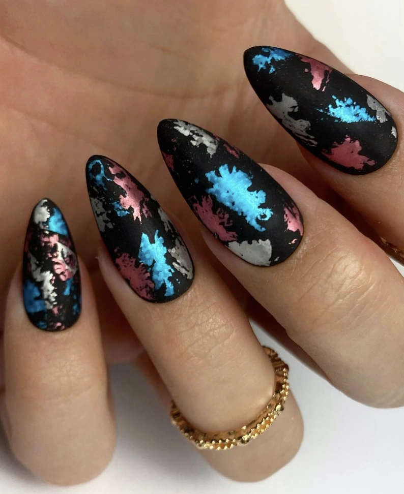 Matte Black Almond Nails with Color Foil