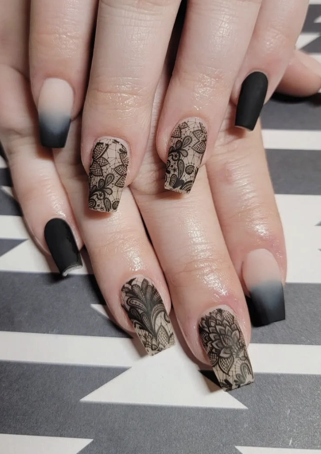 Matte Black Ombre Nails with Lace Decals
