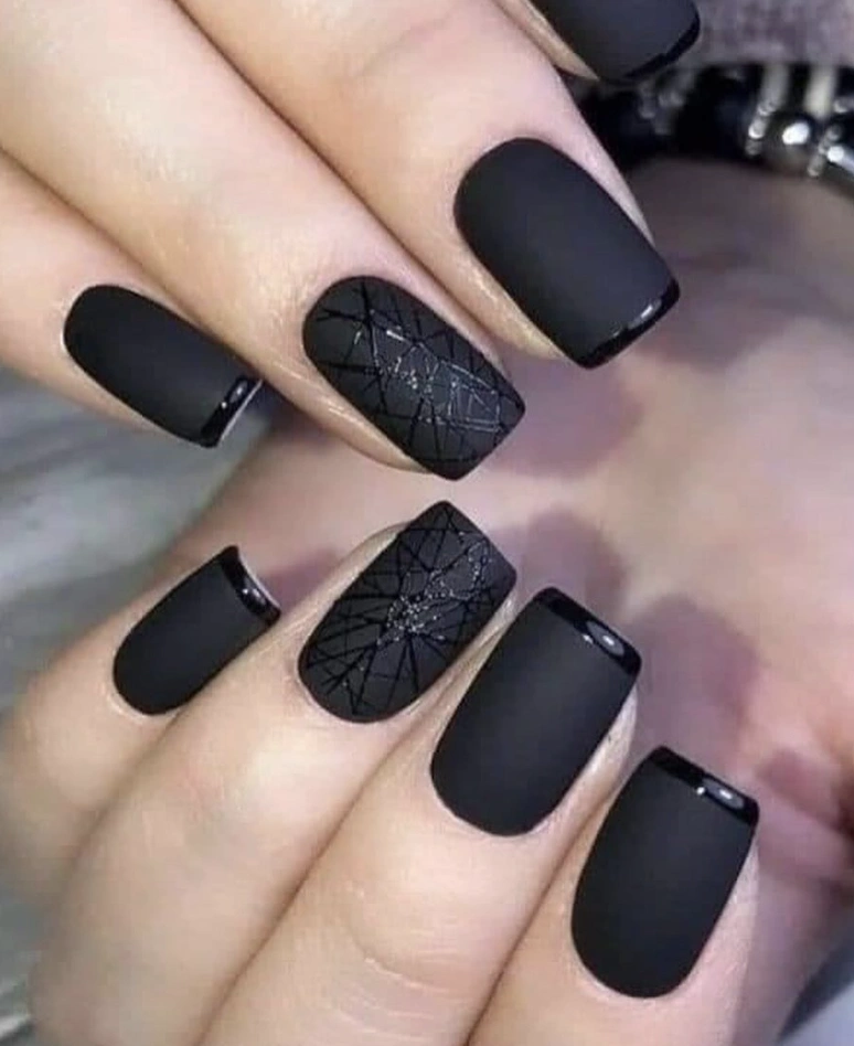 Matte Black Square Nails with Glossy Black Tips and Geometric Accent