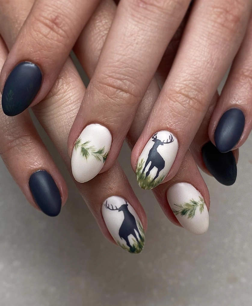 Matte Midnight Blue and Cream Nails with Hand-Painted Deer and Fern Designs