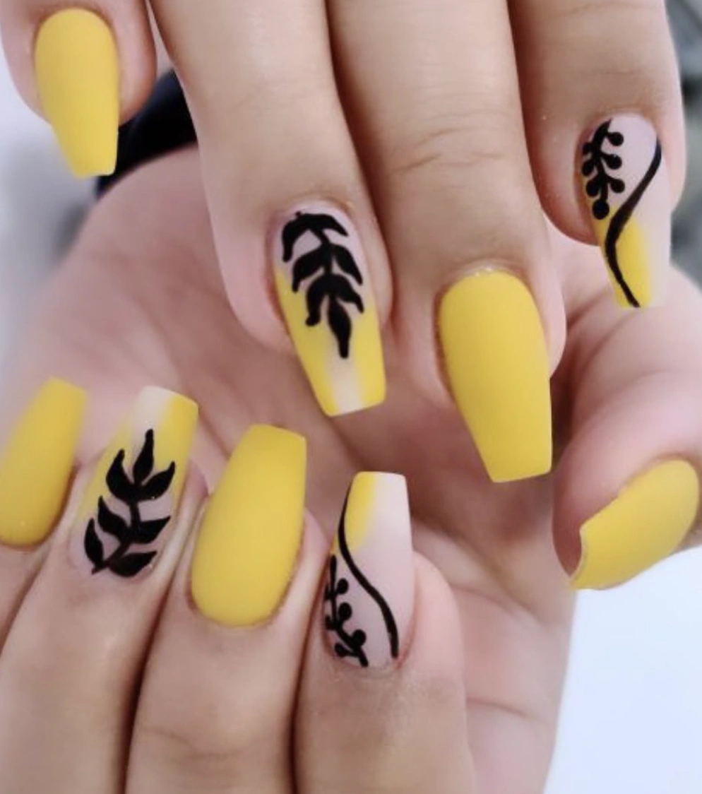 Matte Mustard Coffin Nails with Black Botanical Accents
