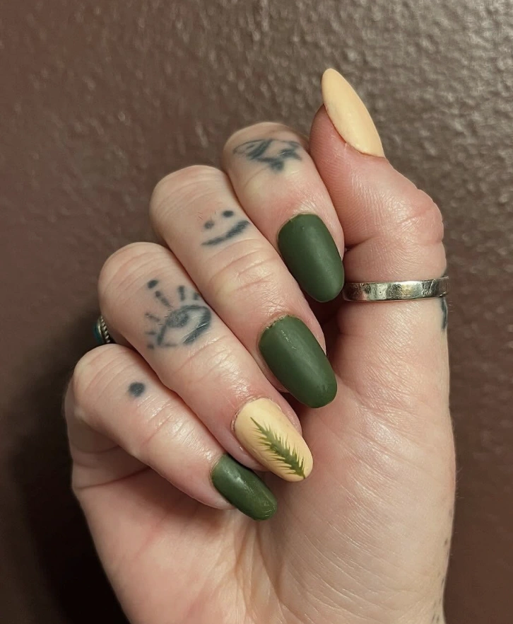 Matte Olive Green and Beige Nails with Botanical Accent