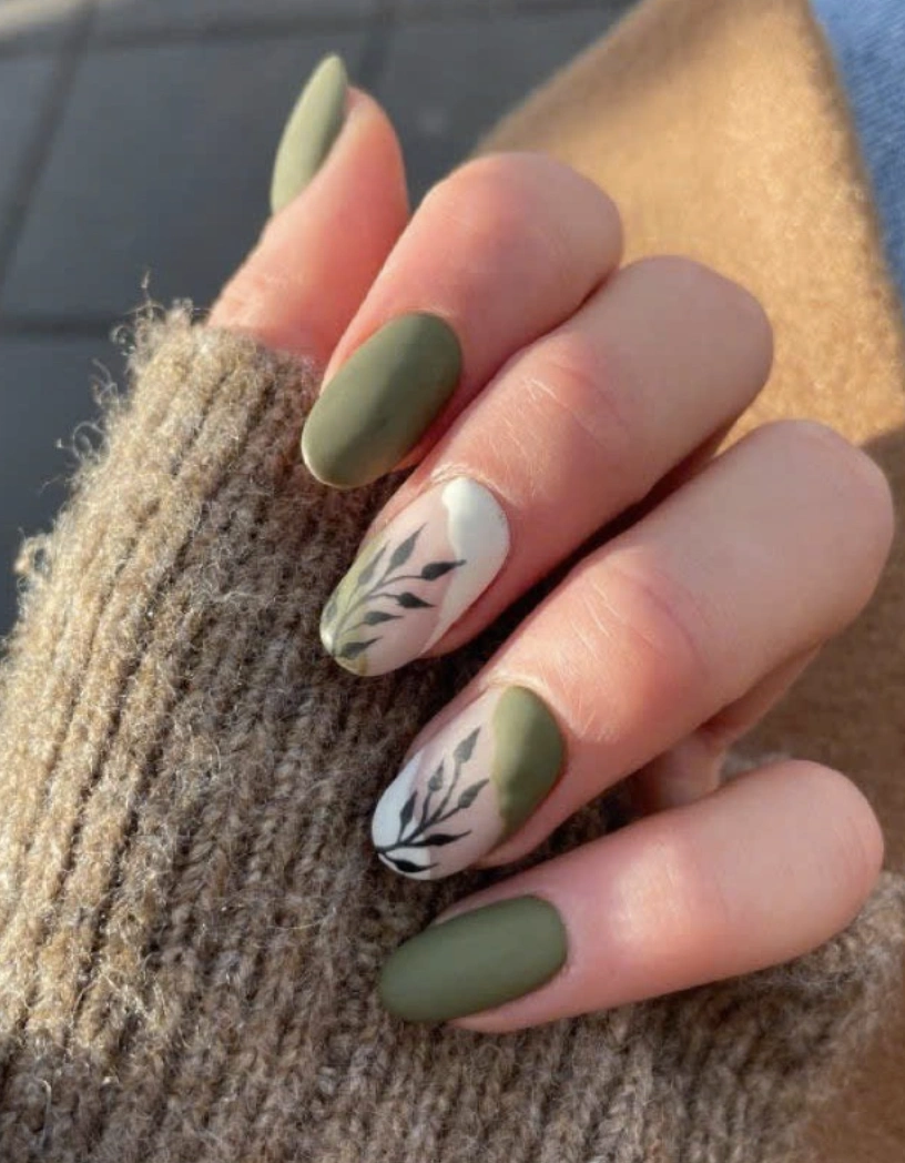 Matte Olive Green Nails with Botanical Accent