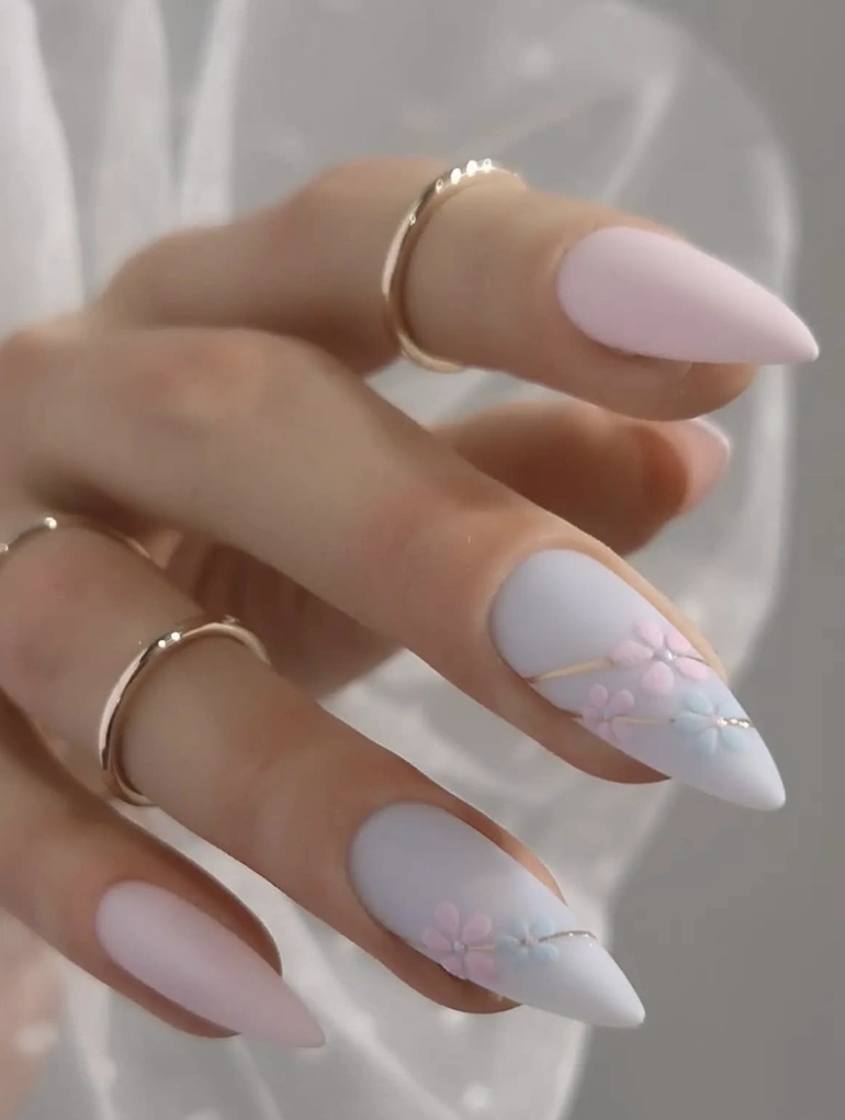 Matte Pastel Stiletto Nails with Floral Detail
