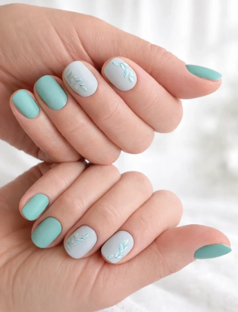 Matte Teal and Soft Grey Nails with Leaf Decals