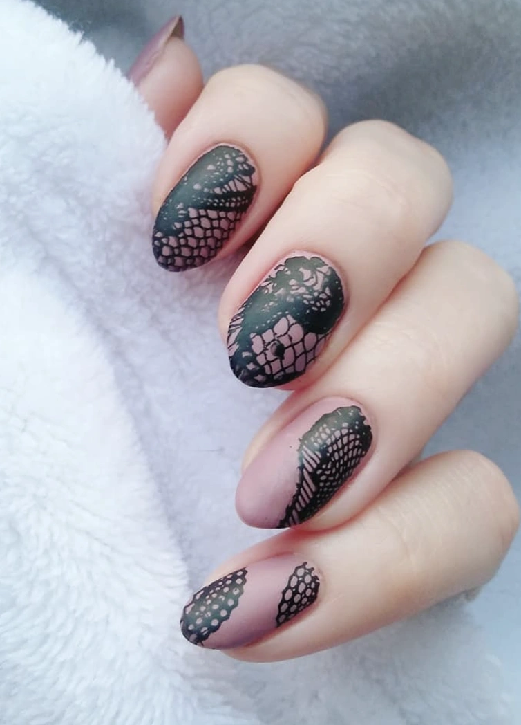 Mauve Oval Nails with Delicate Black Lace Overlay