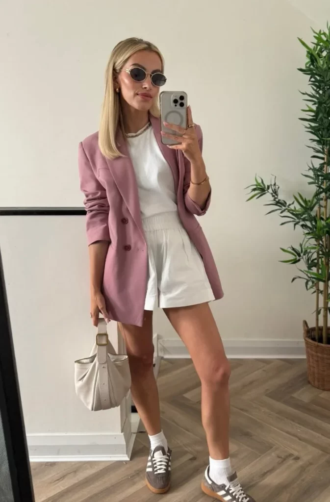 Mauve Oversized Blazer + White Short Sleeve Top + White High Waisted Shorts + Gray White Sneakers