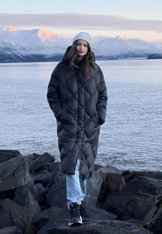 Maxi Puffer Coat + Light Wash Denim + Knit Beanie