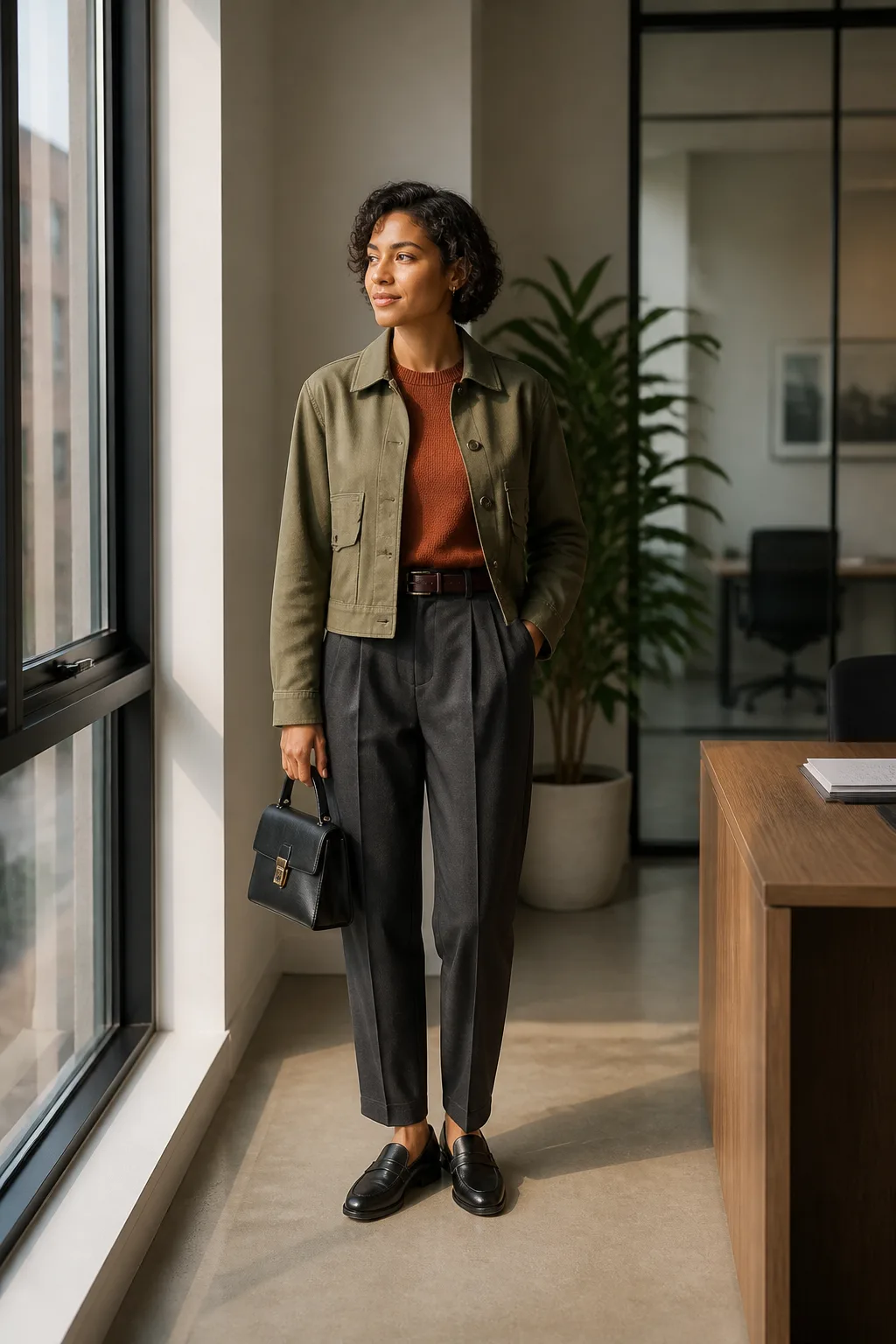 Merino Crewneck, Pleated Trousers, and Loafers