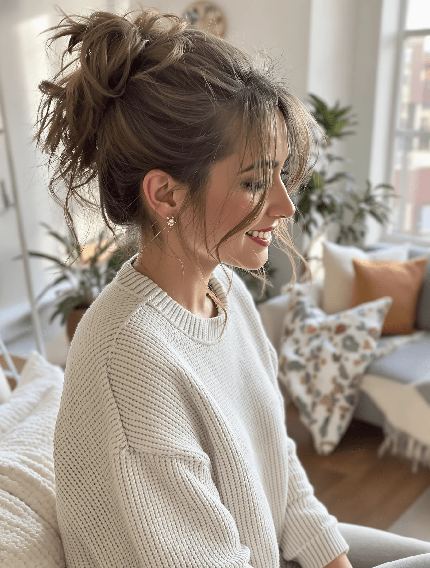 Messy High Bun with Loose Strands