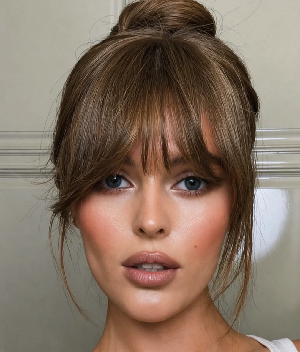 Messy Top Knot with Wispy Bangs and Face-Framing Pieces