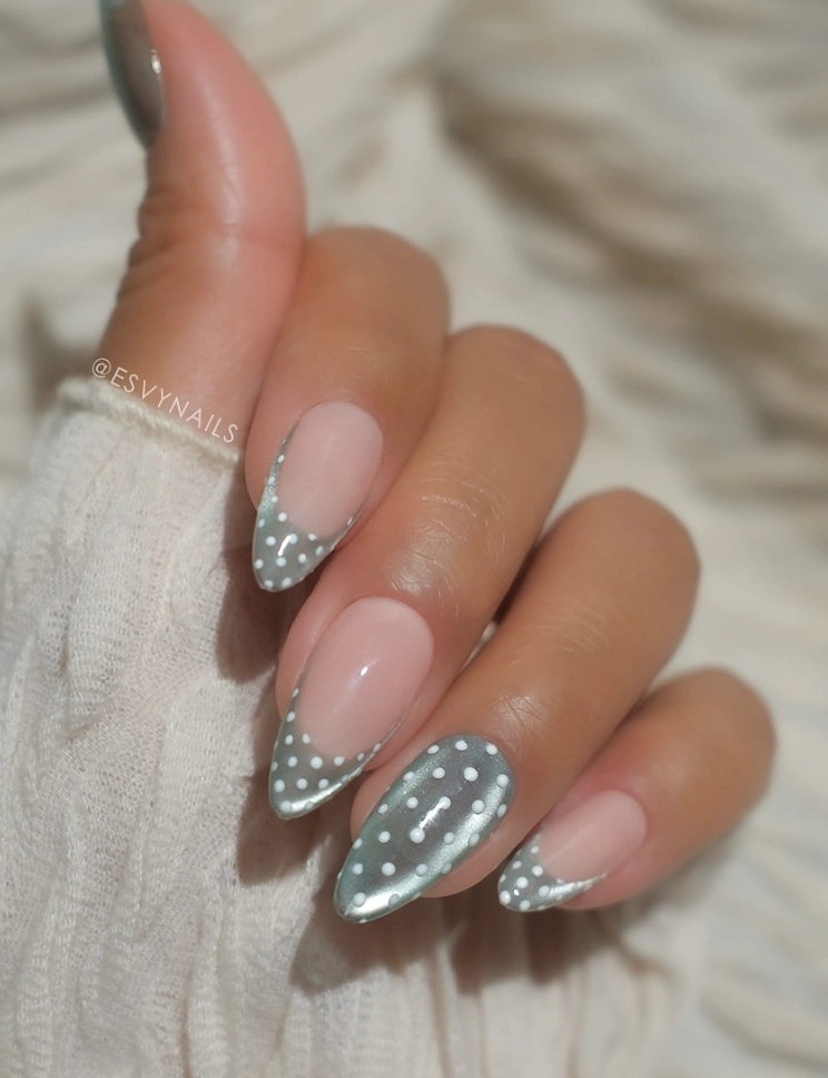 Metallic Silver Almond Nails with White Polka Dots
