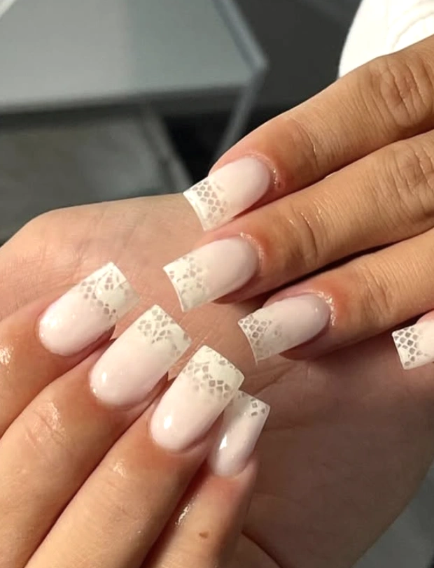 Milk Bath Manicure with Crocheted White Lace Nail Tips