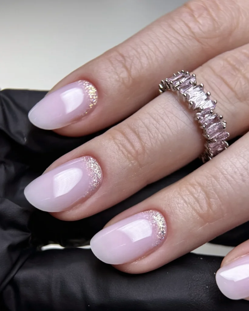 Milky Rose Nails with Glitter Reverse French Tips