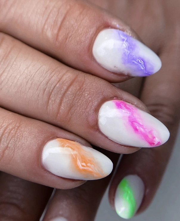 Milky White Chrome Almond Nails with Colorful Swirls and Glossy Finish