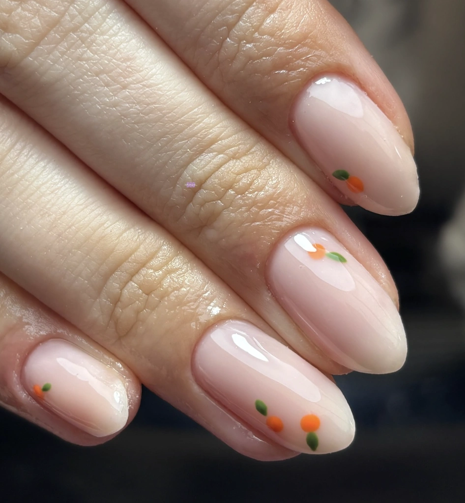 Minimalist Almond Nails with Orange Floral Detail