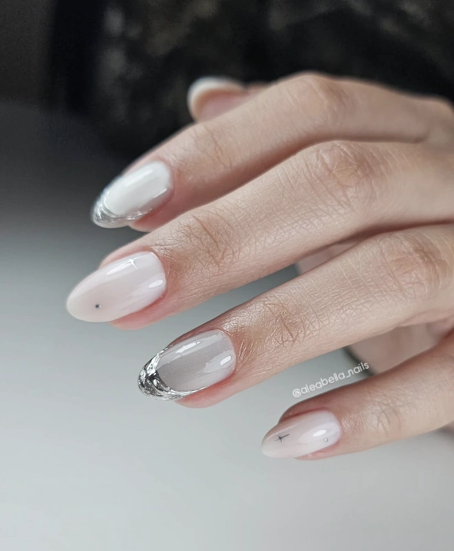 Minimalist Almond Nails with Silver Chrome French Tip
