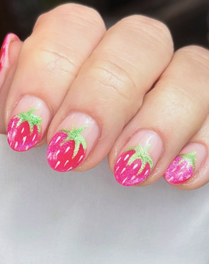 Minimalist Strawberry Nail Art on Short, Natural Nails