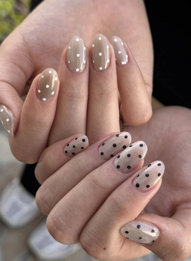 Minimalist Taupe Nails with Contrasting Polka Dots