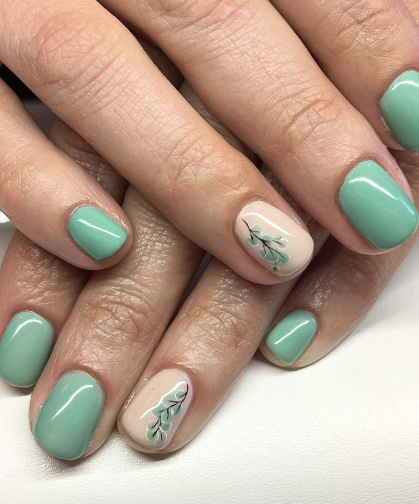 Mint Green and Nude Nails with Botanical Accent