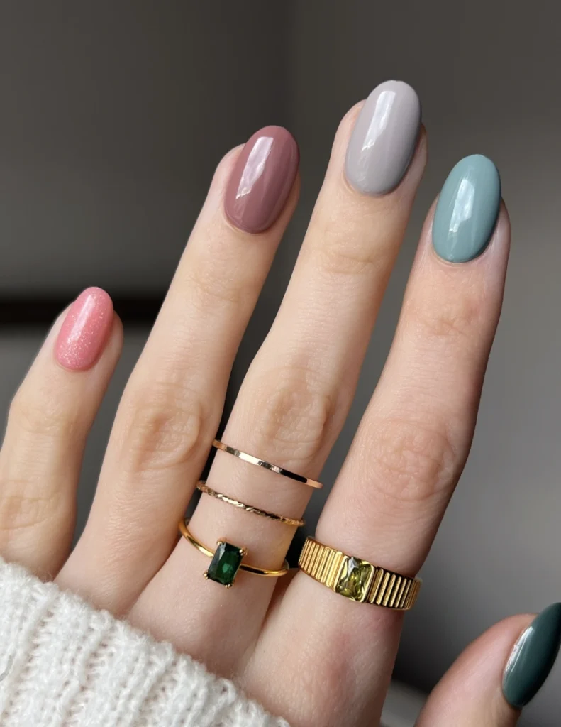 Mix-and-Match Pastel Oval Nail Set with Gold Rings