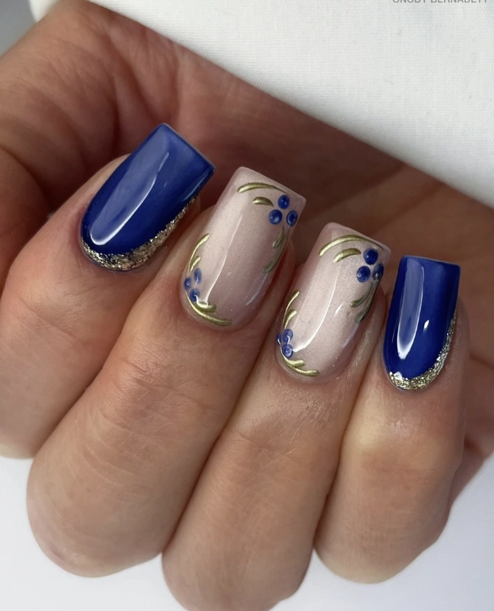 Mixed Mani: Floral Accent Nails with Navy Blue Glitter Tips