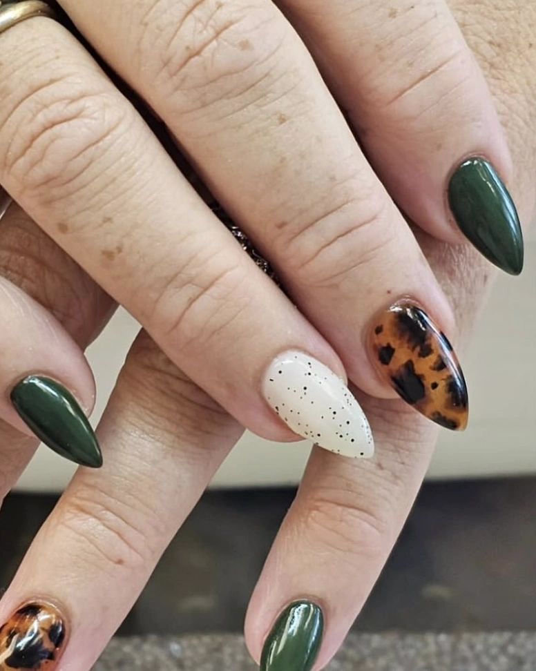 Mixed Media Almond Nails: Olive Green, Tortoise, and Speckled