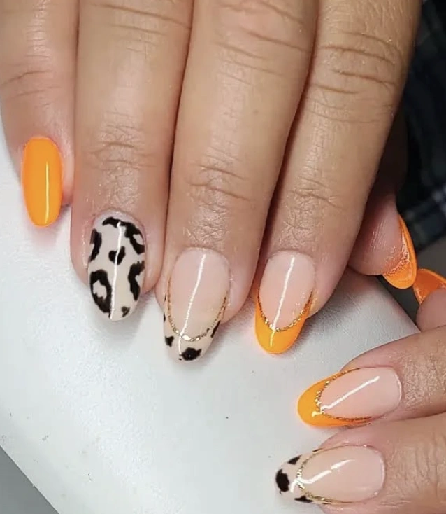 Mixed Media Almond Nails: Orange French Tips & Leopard Print
