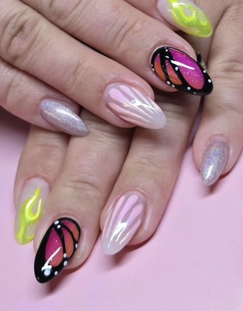 Mixed Media Almond Nails with Butterfly & Flame Designs