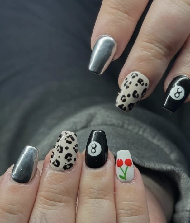 Mixed Media Coffin Nails with Metallic, Leopard, and 8-Ball Accents