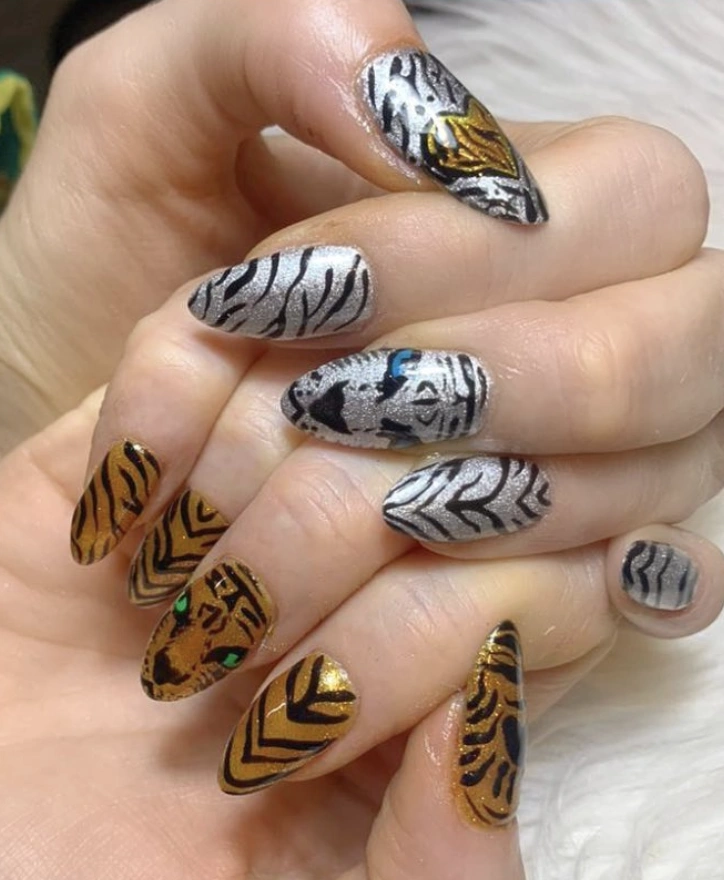 Mixed Metallic Tiger Print Almond Nails