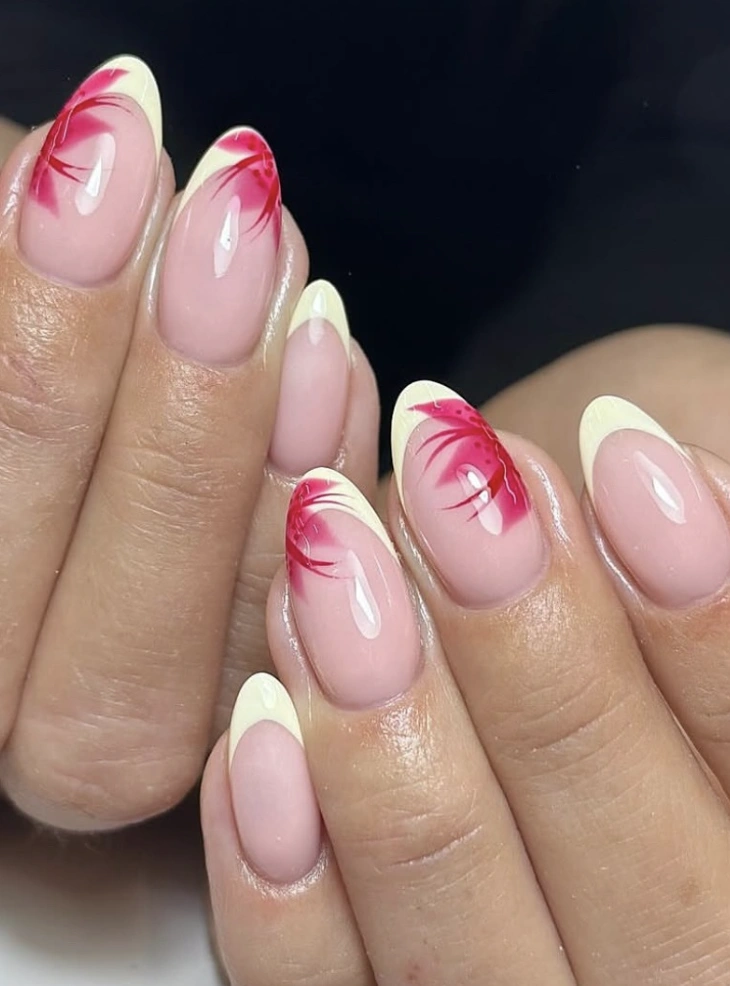 Modern French Manicure with Raspberry Abstract Detail