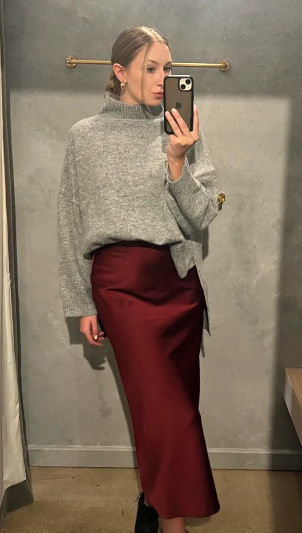 Modern Minimalism: Gray Sweater + Burgundy Satin Skirt
