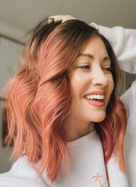 Modern Wavy Lob with Dimensional Rose Copper Hair