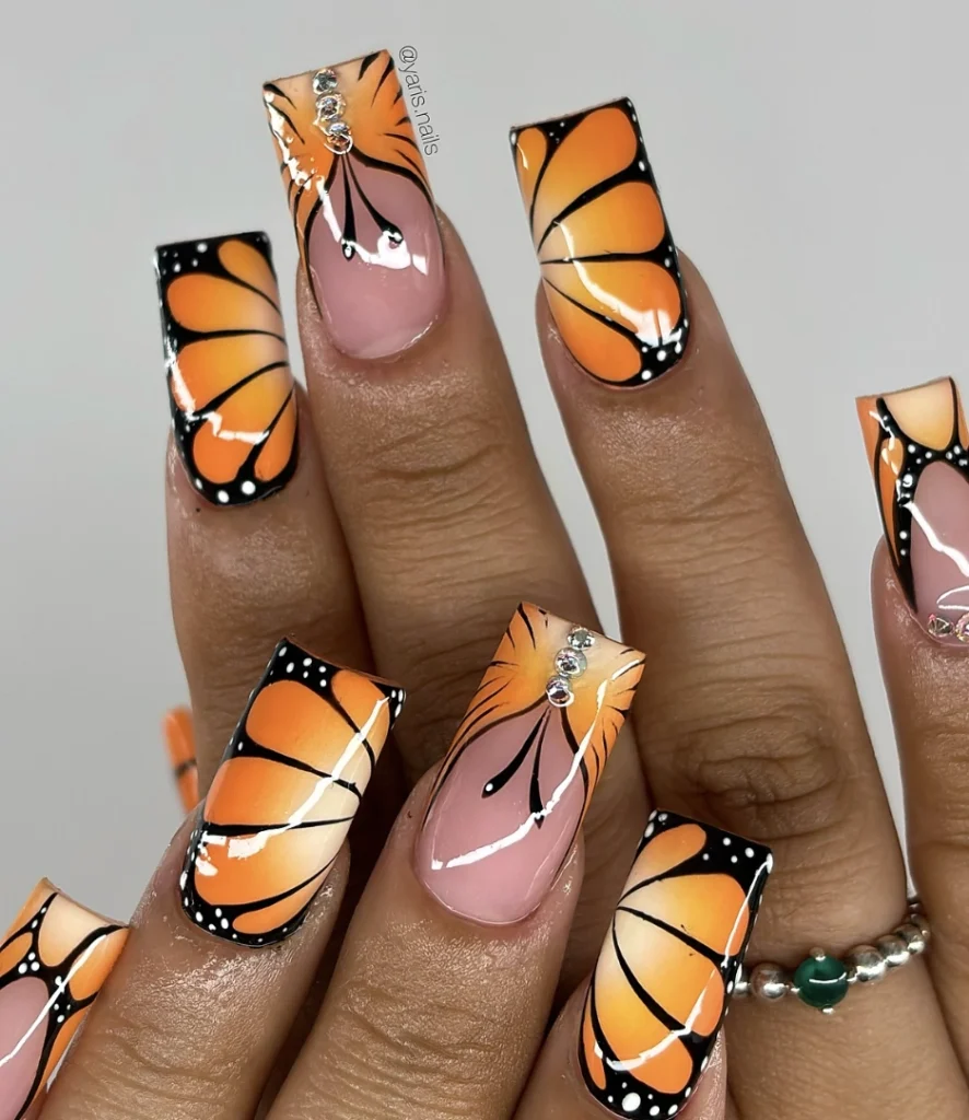 Monarch Butterfly Wings on Square Acrylic Nails