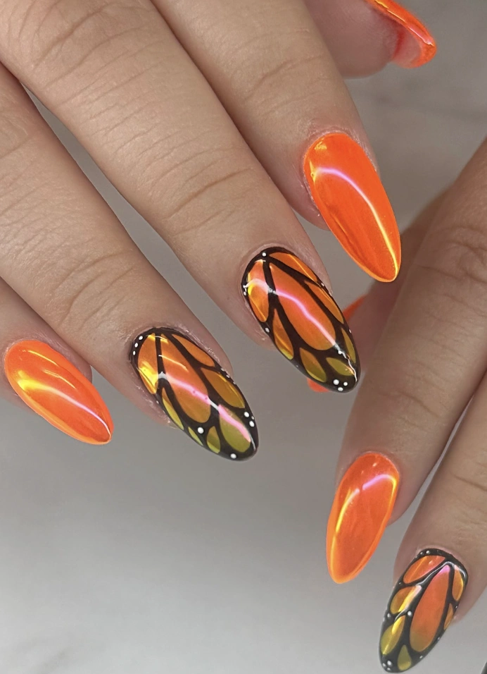 Monarch Wing Almond Nails with Chrome Orange Accents