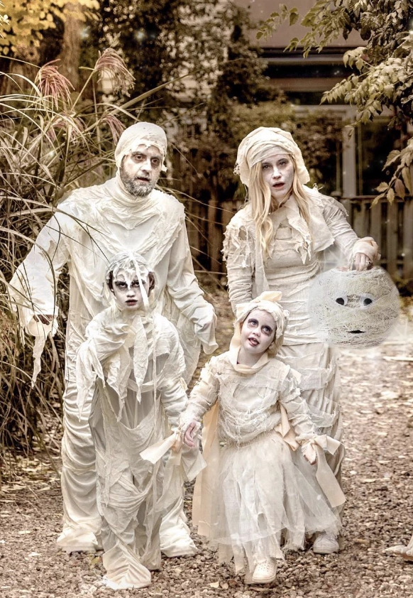 Mummy Costume + Ghostly Face Makeup + White Tattered Clothing + Creepy Lantern Prop