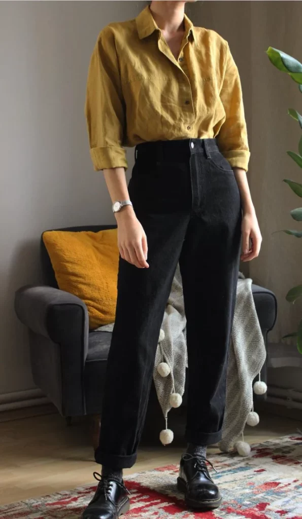 Mustard Button-Up Shirt + Black High-Waisted Trousers + Black Leather Lace-Up Shoes + Silver Wristwatch