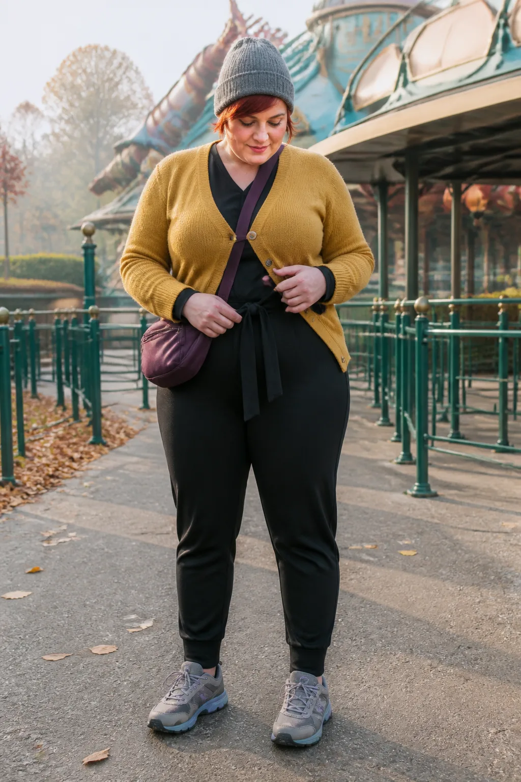 Mustard Cardigan, Black Jumpsuit and Trail Sneakers