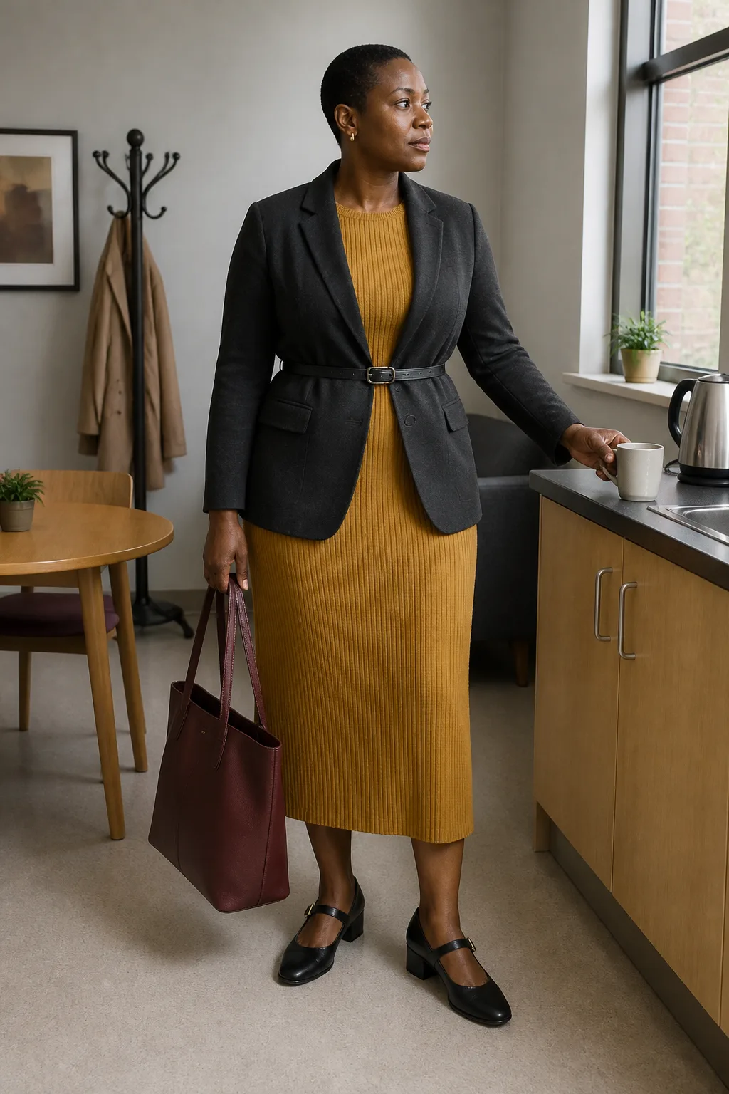 Mustard Knit Dress and Charcoal Blazer