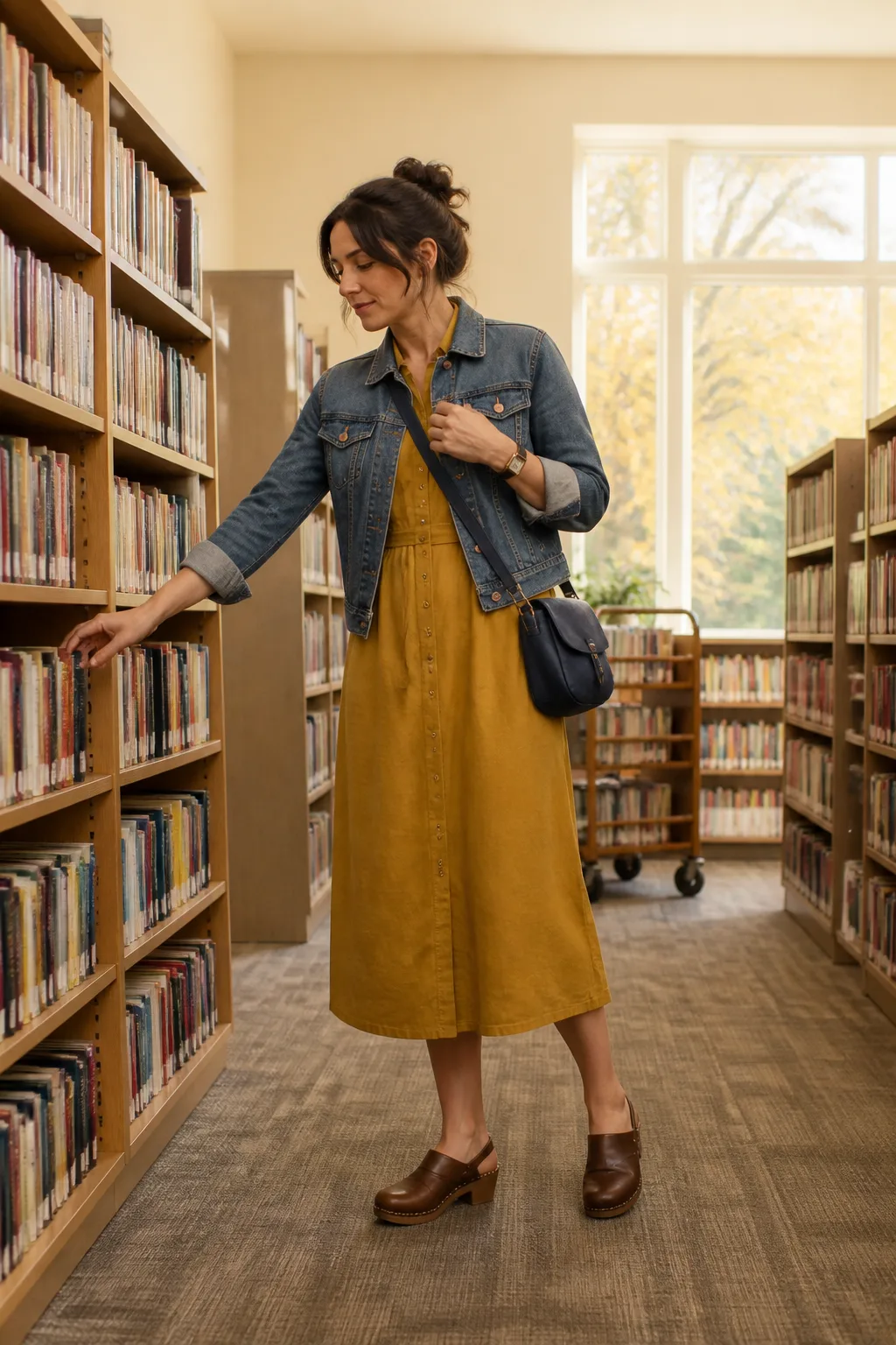 Mustard Midi Dress, Denim Jacket, and Clogs